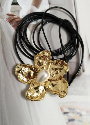 Чркер цветок кулон на шею шнурок черный колье с цветком под золото ретро винтаж7 фото
