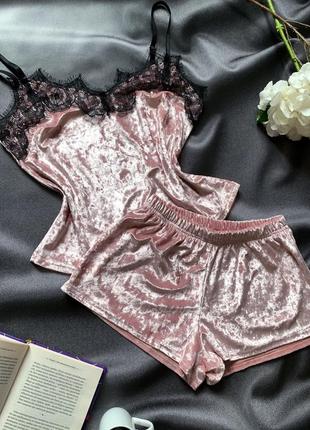♥️ изысканная пижама из мраморного велюра розовая пудра1 фото