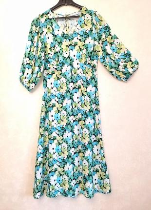 100% вискоза красивое платье миди цветочный принт длинное платье с объемными рукавами6 фото