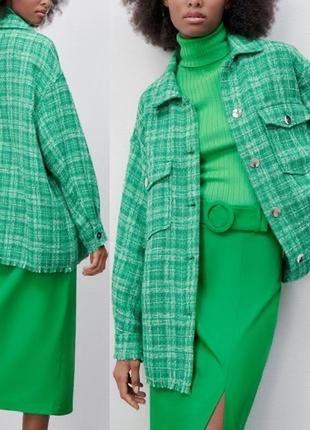 Zara куртка-рубашка сорочка прямого крою,сорочка zara,твідова сорочка зелена