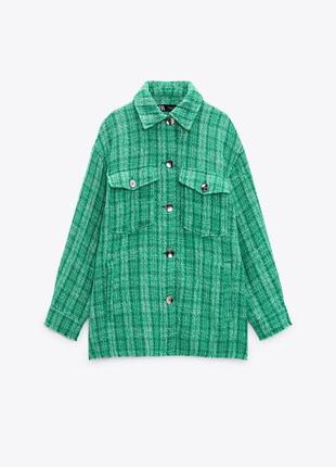 Zara куртка-рубашка сорочка прямого крою,сорочка zara,твідова сорочка зелена4 фото