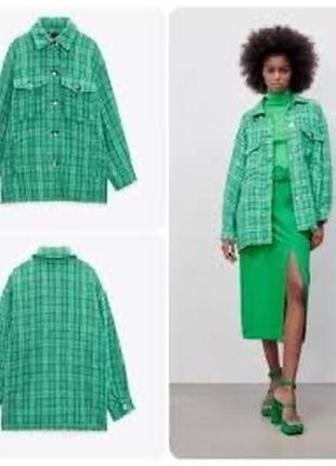 Zara куртка-рубашка сорочка прямого крою,сорочка zara,твідова сорочка зелена8 фото