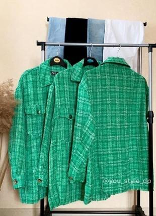 Zara куртка-рубашка сорочка прямого крою,сорочка zara,твідова сорочка зелена7 фото