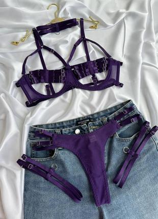 Фіолетовий відвертий комплект білизни (бюст + трусики + чокер + гартери)1 фото