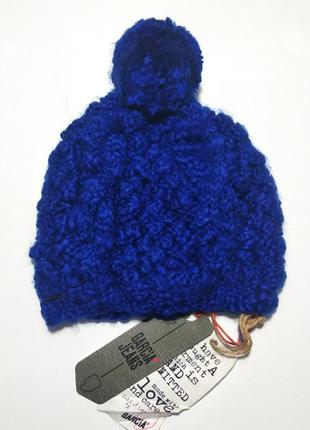 Вязаная женская шапка garcia jeans ярко-синяя с балабоном2 фото