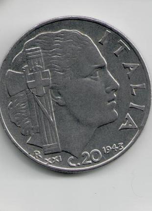 Монета италия 20 чентезимо 1943 года