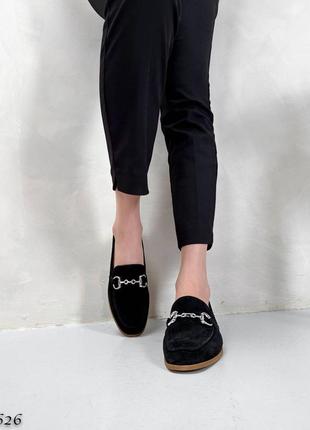 Натуральные замшевые черные лоферы