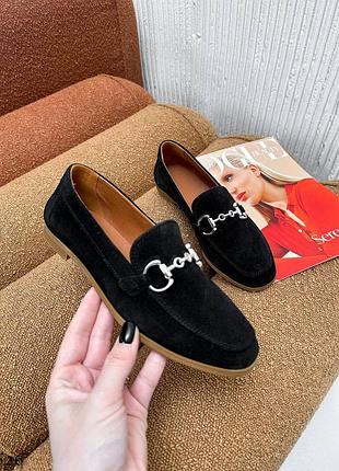 Натуральные замшевые черные лоферы