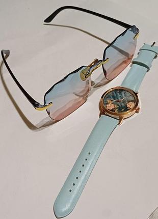 Женские модные комплект кварцевые наручные часы и очки