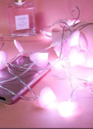 Led гирлянда "розовые сердечки" 20 ламп 3 м