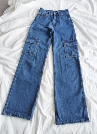 Широкие синие джинсы, с карманами на высокой талии "торг"3 фото