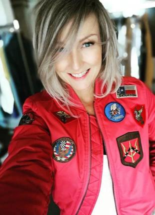 Жіночий бомбер miss top gun ma-1 jacket with patches (червоний)3 фото