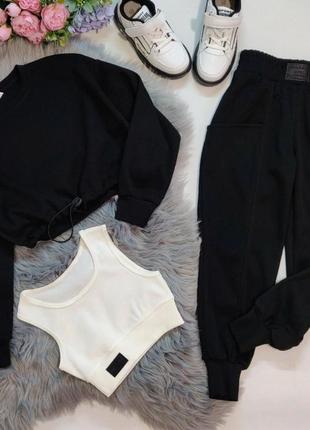 Костюм тройка черный топ джоггеры свитшот #810