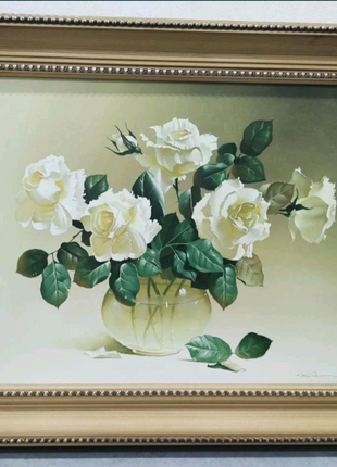 Картина "білі троянди". холст, олія