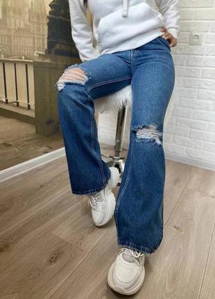 Женские синие рваные джинсы джинсовые брюки рванка клеш5 фото