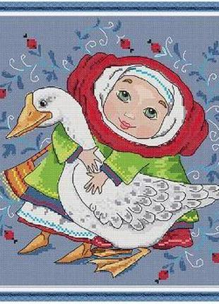 Набор для вышивания по нанесённой на канву схеме "girl with white goose". aida 14ct printed 25*25 см