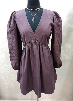 Плаття сукня 100% котон, з прошвою на рукавах буфах, колір темного шоколаду, нове, river island1 фото