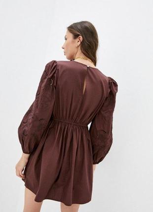 Плаття сукня 100% котон, з прошвою на рукавах буфах, колір темного шоколаду, нове, river island4 фото