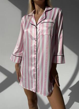 Женская рубашка victoria's secret. рубашка для девушки vs. пижама для сна в нежную широкую розовую полоску6 фото