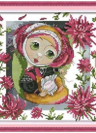 Набір для вишивання за нанесеною на канву схемою "flower embroidery hobby girl". aida 14ct printed 27*28 см