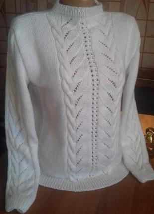 Белый нарядный свитер, вязаный спицами1 фото