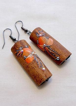 Сережки ручної роботи з дерева кориці "помаранчева мальва"