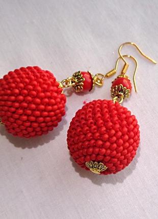 Красные серьги шарики из бисера ручной работы "коралл"3 фото