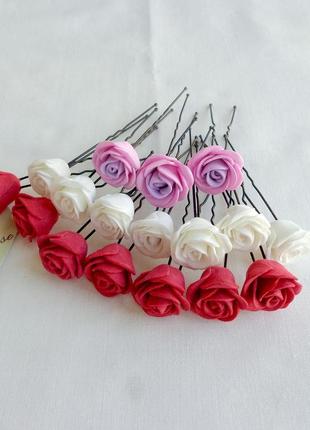 Набір шпильок для волосся ручної роботи "трояндочки червоні та білі"