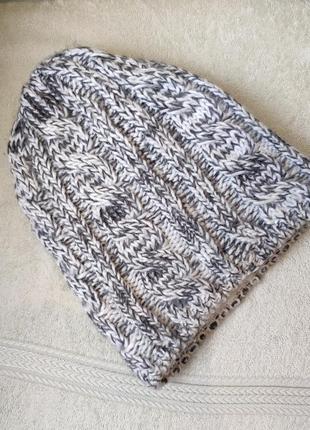 Тепла шапка біні в'язана вовняна з косами на флісі зимова сірий меланж3 фото