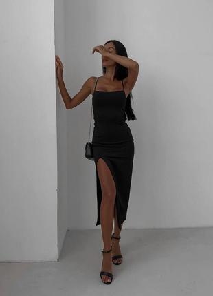 Женское стильное черное платье с разрезом на завязках 42-44, 44-46 крепдайвинг