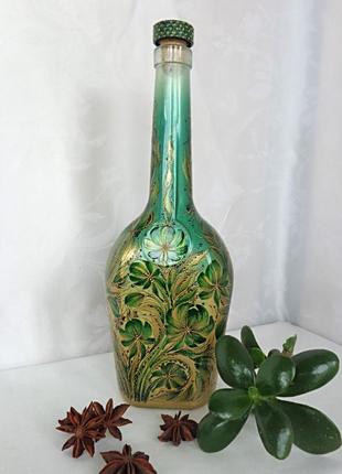 Декоративная интерьерная бутылка с авторской росписью "малахитовые цветы"