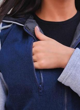 Жіноча утеплена джинсова куртка на синтепоні + трикотаж трехнитка з начосом (1328)5 фото