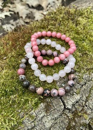 Набор браслетов родонит розовый кварц, родохрозит