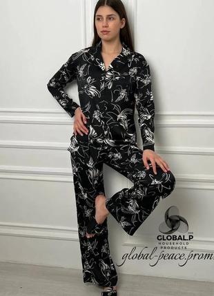 Пижамный костюм двойка kaizza жакет+ брюки  цветы на черном  эко-шелк xs-5xl