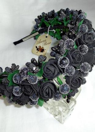 Обруч для волосся з квітами ручної роботи "чорна цукрова троянда"