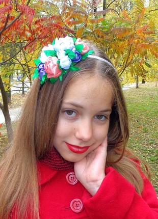 Обруч для волос с цветами канзаши "букет весенних цветов"2 фото