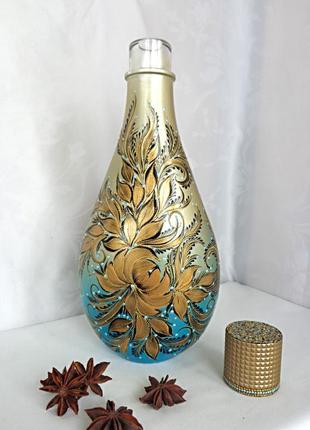 Декоративная интерьерная бутылка с авторской росписью "золотой пион"2 фото
