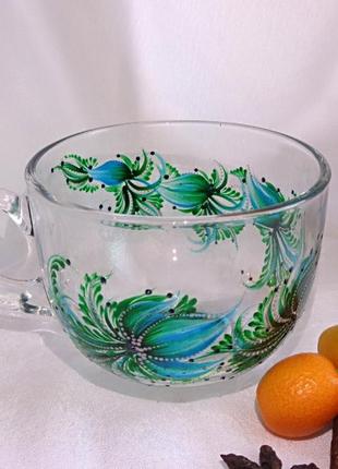 Чашка прозрачная стеклянная с авторской росписью ручной работы "малахитовые цветы"