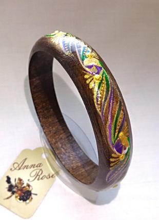 Деревянный браслет коричневый ручной работы "золотой узор"3 фото