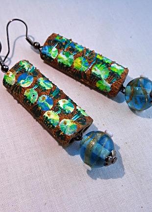 Сережки з дерева ручної роботи з кориці "зелений горошок"