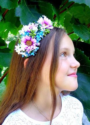 Обруч для волос с цветами ручной работы "сиреневые хризантемы"2 фото