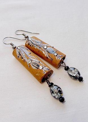 Серьги ручной работы из дерева корицы "черная мистика"