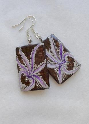 Серьги прямоугольные из дерева ручной работы "цветок папоротника"