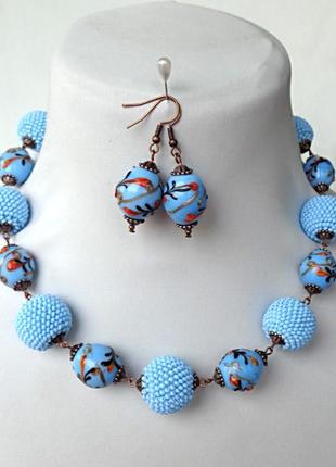 Голубой бирюзовый набор женских украшений бусы и серьги "аленький цветочек"