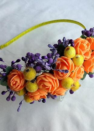 Обруч для волосся з квітами ручної роботи "помаранчеві трояндочки"
