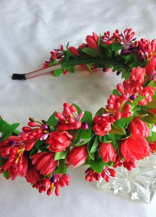 Обруч для волосся з квітами ручної роботи "коралові тюльпани"