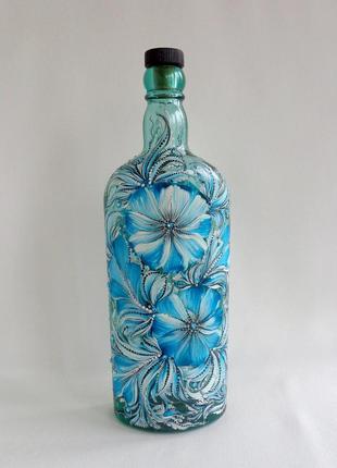 Декоративная голубая бутылка с авторской росписью "васильки морозные"