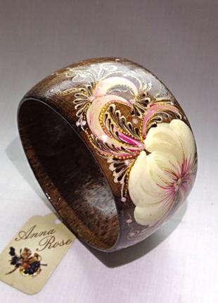 Деревянный браслет коричневый ручной работы "розовый пион"7 фото