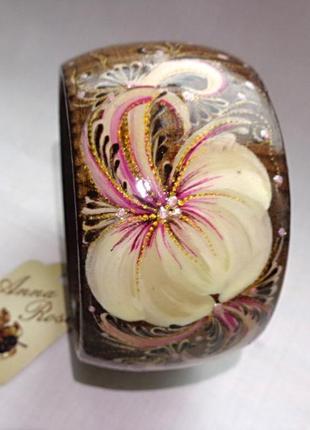 Деревянный браслет коричневый ручной работы "розовый пион"6 фото