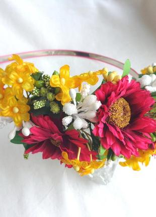 Обруч для волос с цветами ручной работы "малиновые хризантемки"